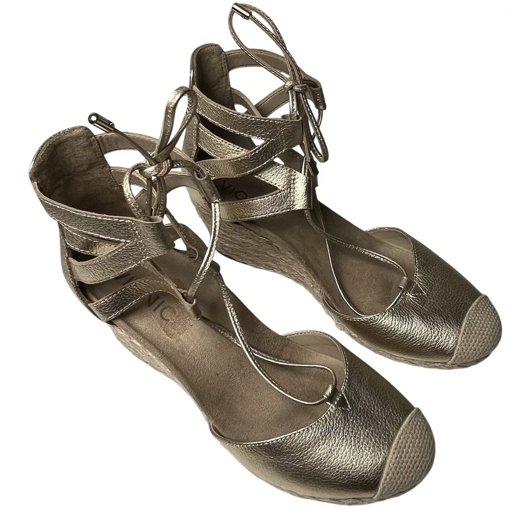Vionic Women's Metallic Gold Calypso Espadrille Sandals Wedges Sz 7 Strappy Jute